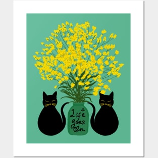 Black Cat and Yellow Flower Posters and Art